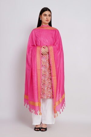 A R Silk DUPATTA HUB Women’s Pink Golden Zari Work Kota Cotton Fancy Dupatta(ARS01364)