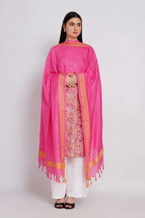 A R Silk DUPATTA HUB Women’s Pink Golden Zari Work Kota Cotton Fancy Dupatta(ARS01364)