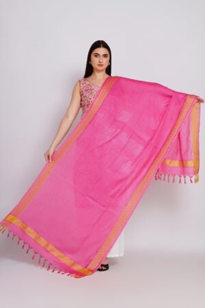 A R Silk DUPATTA HUB Women’s Pink Golden Zari Work Kota Cotton Fancy Dupatta(ARS01364)