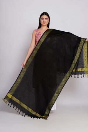 A R Silk DUPATTA HUB Women’s Black Golden Zari Work Kota Cotton Fancy Dupatta(ARS01365)