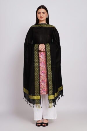 A R Silk DUPATTA HUB Women’s Black Golden Zari Work Kota Cotton Fancy Dupatta(ARS01365)