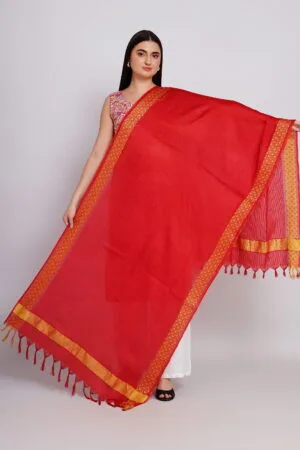 A R Silk DUPATTA HUB Women’s Red Golden Zari Work Kota Cotton Fancy Dupatta(ARS01366)