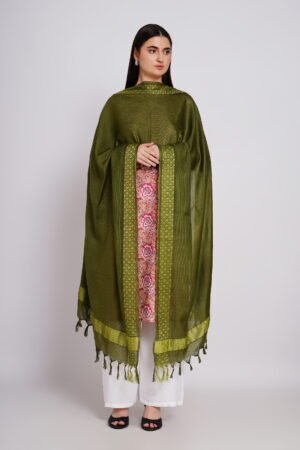 A R Silk DUPATTA HUB Women’s Olive Green Golden Zari Work Kota Cotton Fancy Dupatta(ARS01367)