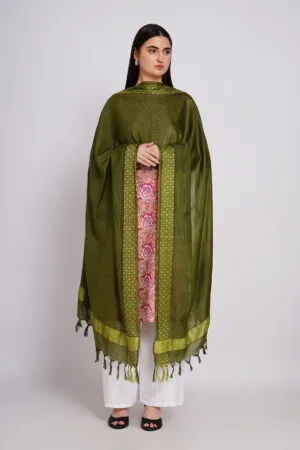 A R Silk DUPATTA HUB Women’s Olive Green Golden Zari Work Kota Cotton Fancy Dupatta(ARS01367)