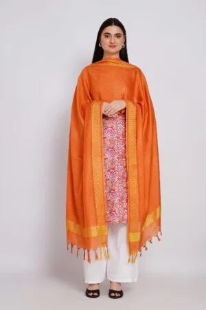 A R Silk DUPATTA HUB Women’s Orange Golden Zari Work Kota Cotton Fancy Dupatta(ARS01368)