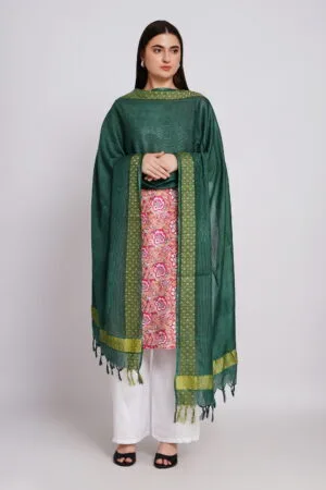 A R Silk DUPATTA HUB Women’s Green Golden Zari Work Kota Cotton Fancy Dupatta(ARS01369)