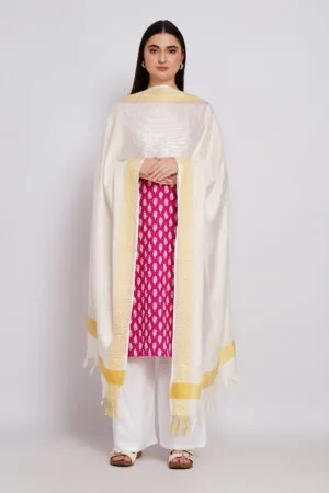 A R Silk DUPATTA HUB Women’s Off White Golden Zari Work Kota Cotton Fancy Dupatta(ARS01371)
