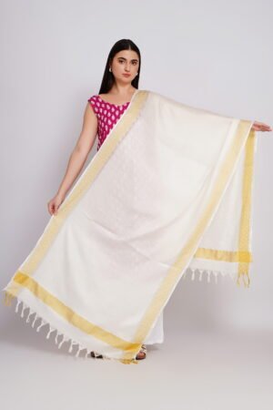 A R Silk DUPATTA HUB Women’s Off White Golden Zari Work Kota Cotton Fancy Dupatta(ARS01371)